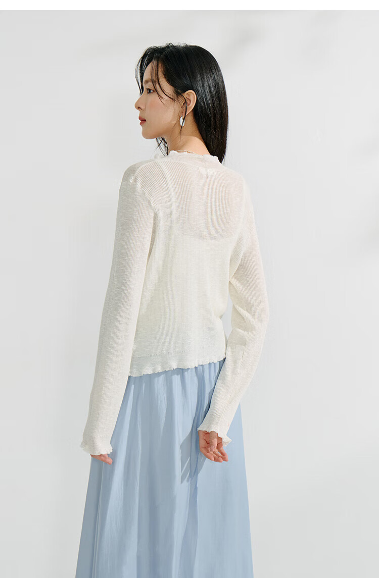 Inman Lotus Leaf V-Neck Lightweight Knit Cardigan Slim Fit Long Sleeve Top Vacation Style 28